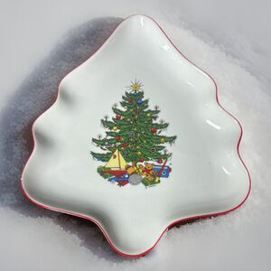Cuthbertson American Christmas Tree Shaped Serving Dish RARE White W/ Red Trim